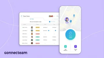 Connecteam mobile app showing employee scheduling and GPS time tracking features