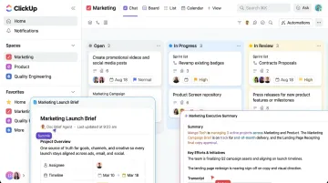 ClickUp project management workspace showing Kanban board and task tracking interface