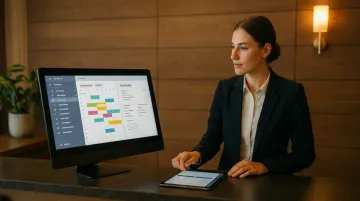 Hotel front desk staff using cloud-based property management software on tablet