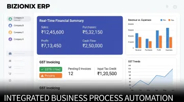 Bizionix cloud ERP dashboard showing GST invoicing multi-company and financial overview