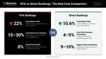 OTA versus direct booking cancellation rates and commission cost comparison chart
