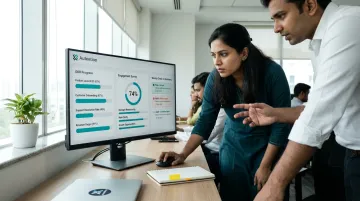 HR manager reviewing continuous performance dashboard with OKR and engagement metrics