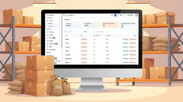 Indian distribution warehouse with inventory management software displayed on computer screen