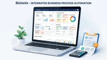 Bizionix cloud ERP dashboard displaying finance inventory and GST compliance modules