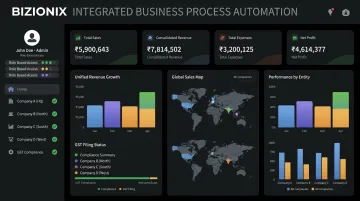 Bizionix multi-company ERP dashboard showing consolidated branch and entity management