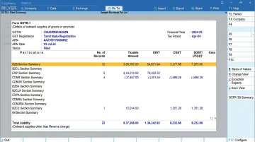 TallyPrime accounting software dashboard showing GST return filing interface