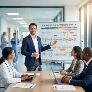 IT consultant explaining hospital management software implementation steps to hospital administrators