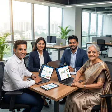 Business team in Bangalore using Bizionix ERP software on laptops and tablets