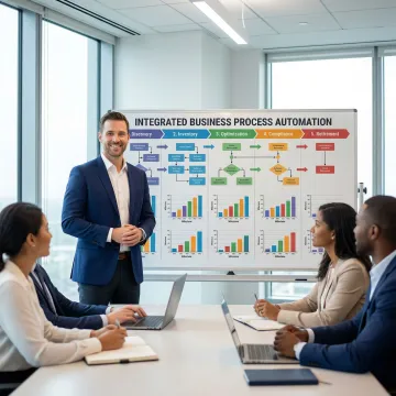 Business consultant presenting a software asset management process roadmap to a team