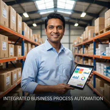 Business owner reviewing inventory reports on Bizionix ERP software on a tablet