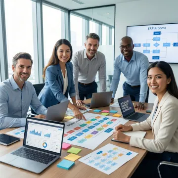 ERP implementation team guiding a client through system setup and onboarding process