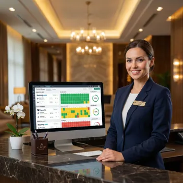 Hotel front desk staff reviewing real-time booking dashboard on a computer screen