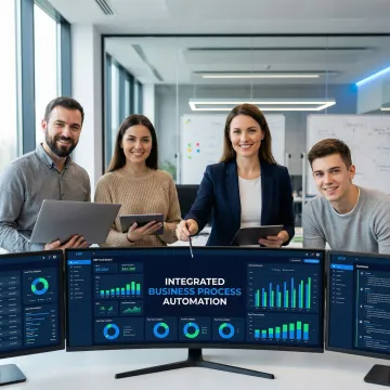 Custom software development team reviewing enterprise ERP dashboard on multiple screens