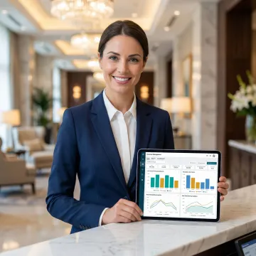 Hotel staff using a revenue management software interface to monitor room pricing and booking analytics