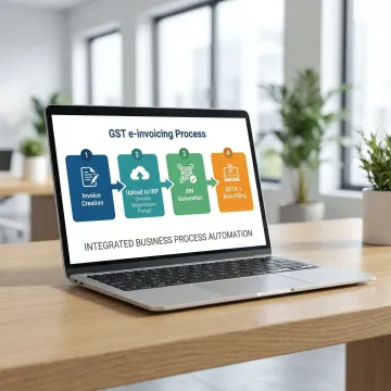 Step-by-step GST e-invoicing process on a laptop screen with IRP API connection diagram