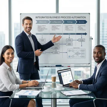 ERP implementation consultant presenting software workflow process to a business team