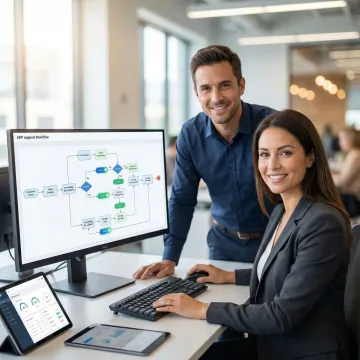 Step-by-step ERP support process shown with a specialist and client collaborating