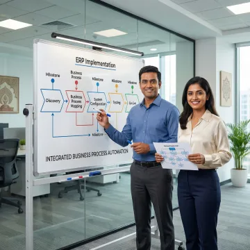 ERP implementation process steps shown as a structured workflow diagram in a business setting