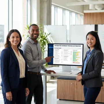 Step-by-step software onboarding process diagram with a team collaborating around a computer workstation