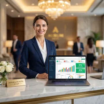 Hotel manager reviewing direct booking revenue dashboard on laptop at front desk