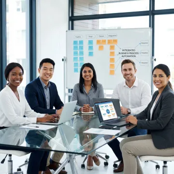 Business team collaborating during a CRM implementation planning session with laptops and workflow diagrams