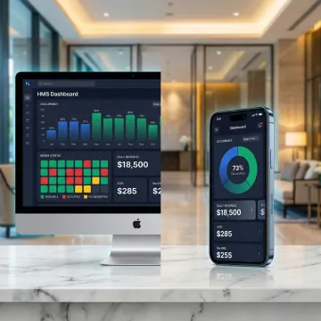 Cloud-based hotel management software dashboard showing live occupancy, revenue, and housekeeping status