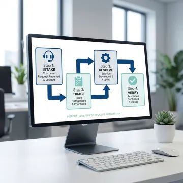 Step-by-step technical support process illustrated with a flowchart on a screen