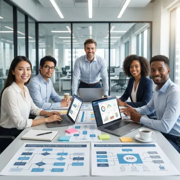 ERP implementation team working on enterprise software configuration and deployment