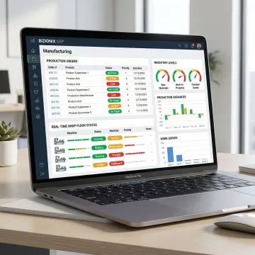 ERP software interface displaying manufacturing order tracking and inventory management modules