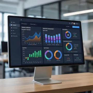 Bizionix ERP software interface showing finance, inventory, and HR modules on a desktop screen