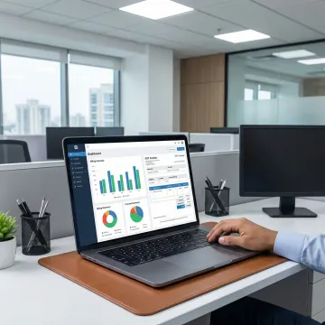 Business professional using Bizionix invoice manager software on a laptop to generate GST-compliant invoices