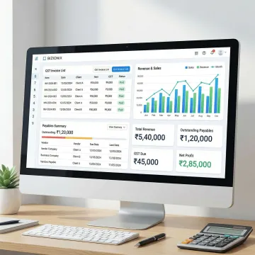 Bizionix ERP accounting dashboard showing GST invoices and financial reports for a small business