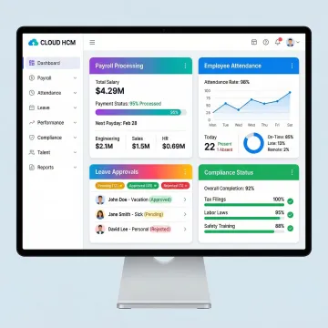 Bizionix HCM software interface showing employee payroll, attendance, and leave management modules on a screen