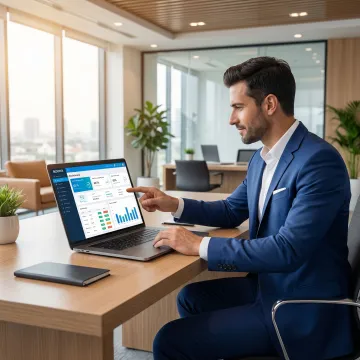 Hotel manager reviewing real-time occupancy and revenue analytics on a hospitality software dashboard