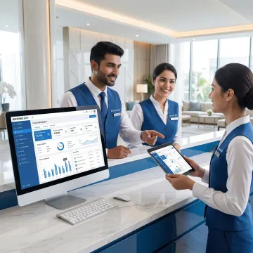 Hotel operations team using a unified management software on desktop and mobile devices