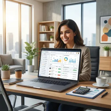 Business professional reviewing integrated ERP modules on a laptop dashboard