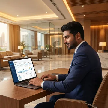 Hotel manager reviewing live occupancy and revenue reports on a laptop at a Mumbai property