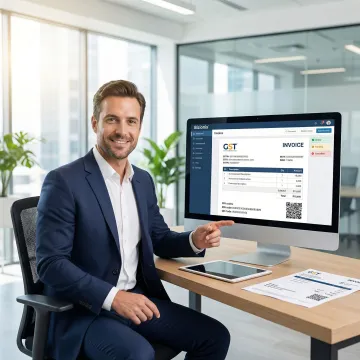 Finance professional reviewing automated GST e-invoices on a computer with document management software open