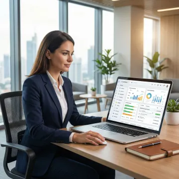 Business owner reviewing eCommerce ERP analytics dashboard on laptop