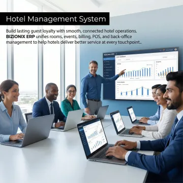 Hotel operations team reviewing digital dashboard on a laptop during a training session