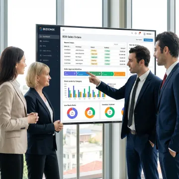 Sales team using B2B order management ERP software on desktop and mobile