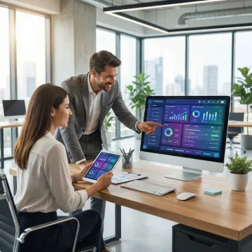 Business professionals reviewing custom ERP software dashboard on desktop and mobile devices