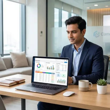 Business professional using a unified cloud ERP dashboard on a laptop with real-time analytics