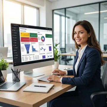 Business professional reviewing automated workflow and ERP analytics on a desktop screen