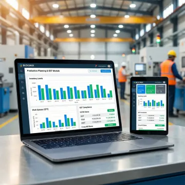 Manufacturing ERP software interface showing production planning and real-time inventory tracking