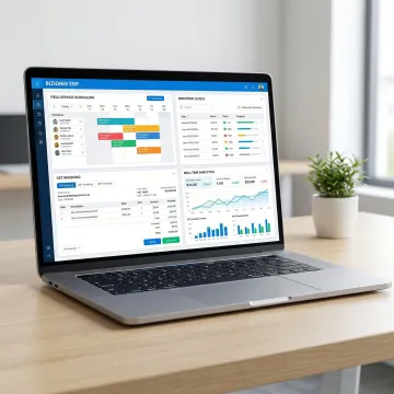 ERP dashboard showing field service operations, inventory, and financial data on a laptop screen