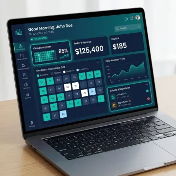 Hotel management software dashboard showing live occupancy, revenue, and guest check-in status