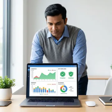Entrepreneur reviewing unified ERP business dashboard on a laptop in an Indian office