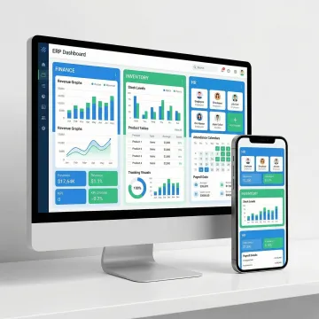 Bizionix ERP software modules displayed on desktop and mobile devices