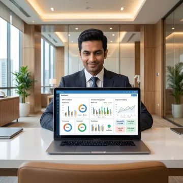 Business owner reviewing enterprise ERP dashboard on laptop showing real-time operational data